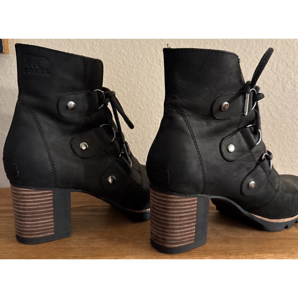 Sorel Addington Waterproof Heeled Lace‎ Up Black Leather Boots Sz EU 38.5 US 7.5